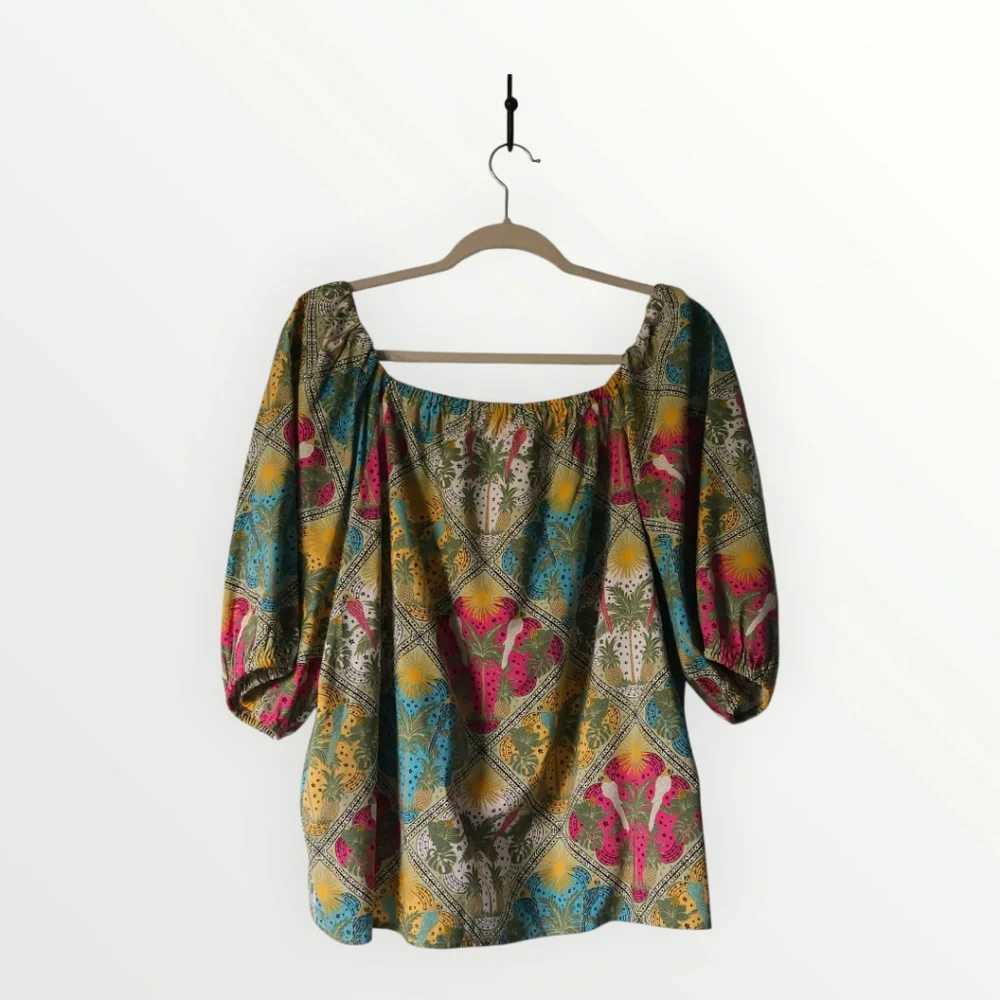 LOFT XL Puff Sleeve Square Neck Top Tropical Print Multicolor Boho Blouse Cotton